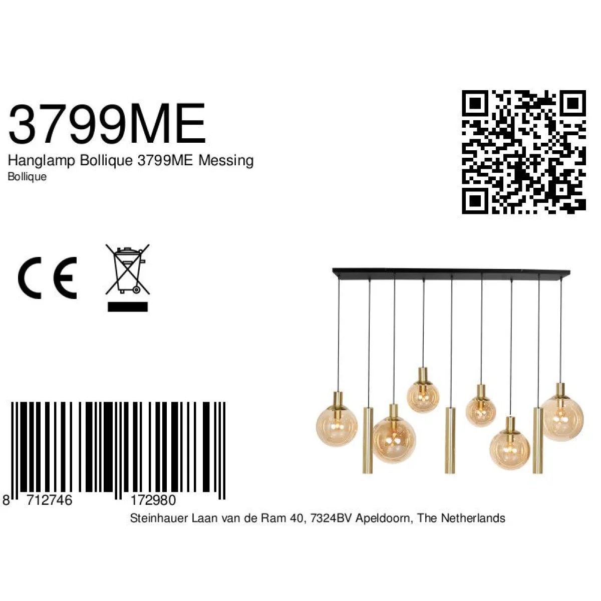 Suspension multiple en verre ambré et laiton à 9 ampoules – 150x55 cm