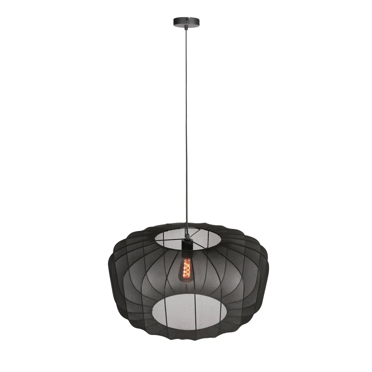 Suspension ovale en maille noire avec ampoule vintage visible, diamètre 60 cm
