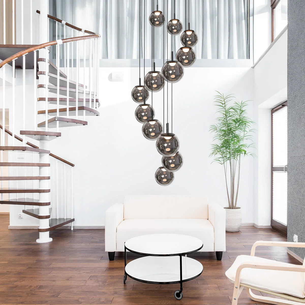 Lustre suspendu moderne en verre fumé noir avec 12 globes sphériques Ø60 cm
