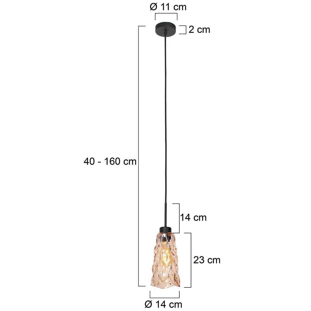 Suspension en verre ondulé ambre avec métal noir, ajustable, diamètre 14 cm