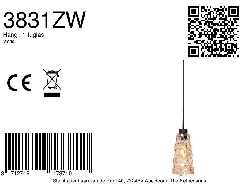 Étiquette d’information produit pour Suspension en verre ondulé ambre et métal noir ajustable Ø14 cm