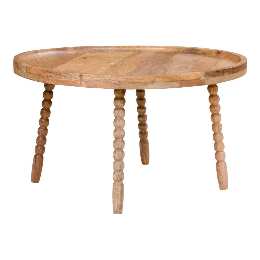 Table basse ronde en bois de manguier clair avec pieds bobines, diamètre 60 cm