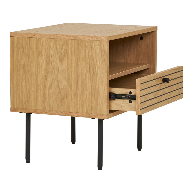 Table d’appoint en chêne avec tiroir et pieds métal noir