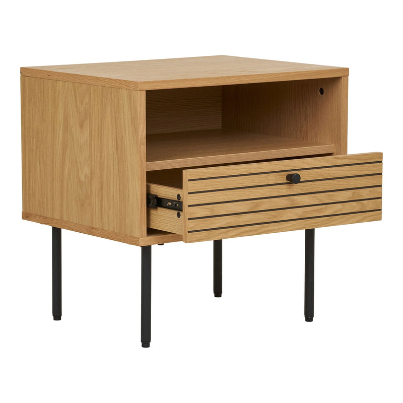 Table d’appoint en chêne avec tiroir et pieds métal noir