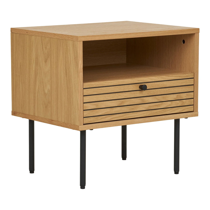 Table d’appoint en chêne avec tiroir et pieds métal noir