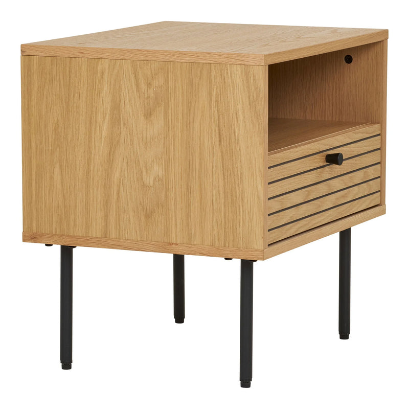 Table d’appoint en chêne avec tiroir et pieds métal noir
