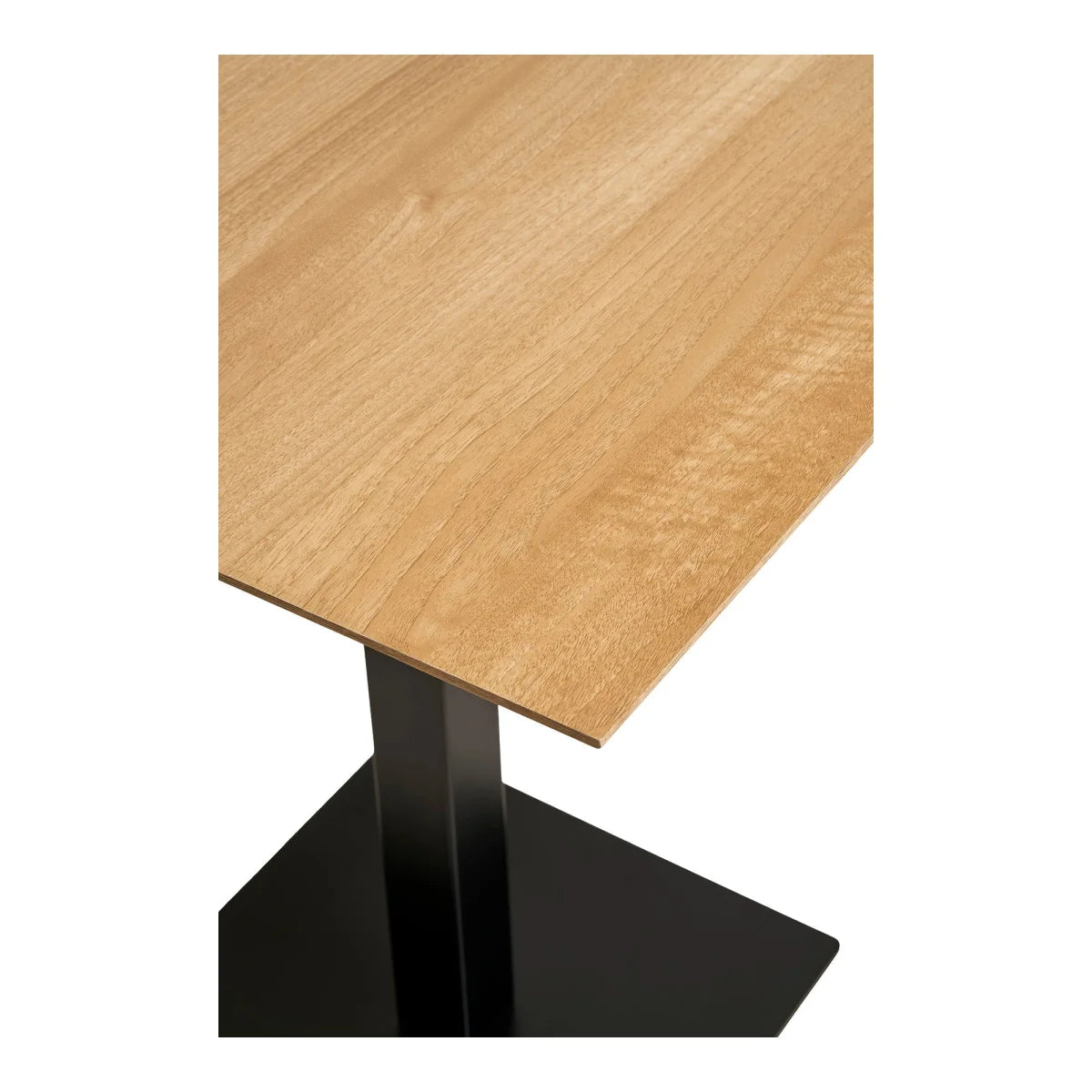 Table haute carrée en bois naturel avec base en métal noir pour salon