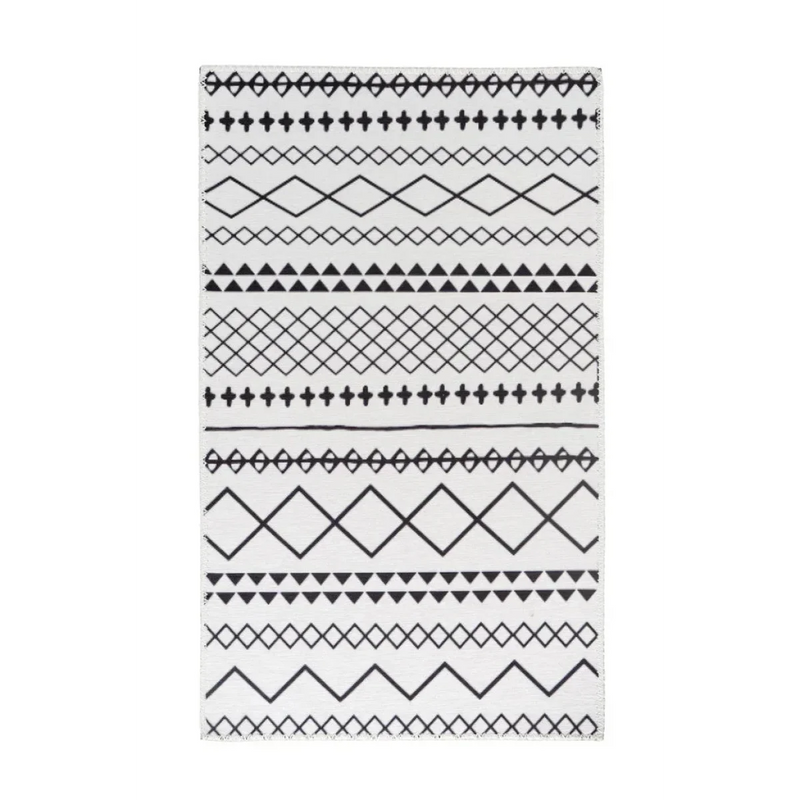 Tapis berbère rectangulaire motifs géométriques blanc et noir tissé plat