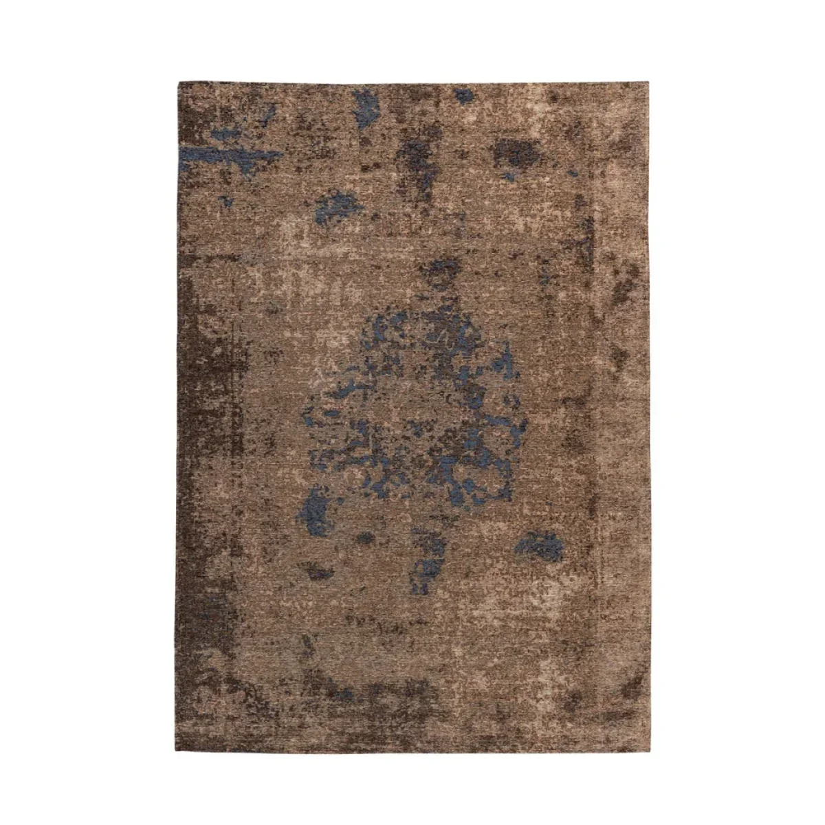 Tapis court vintage délavé marron et bleu ardoise avec motif floral abstrait 80x150 cm