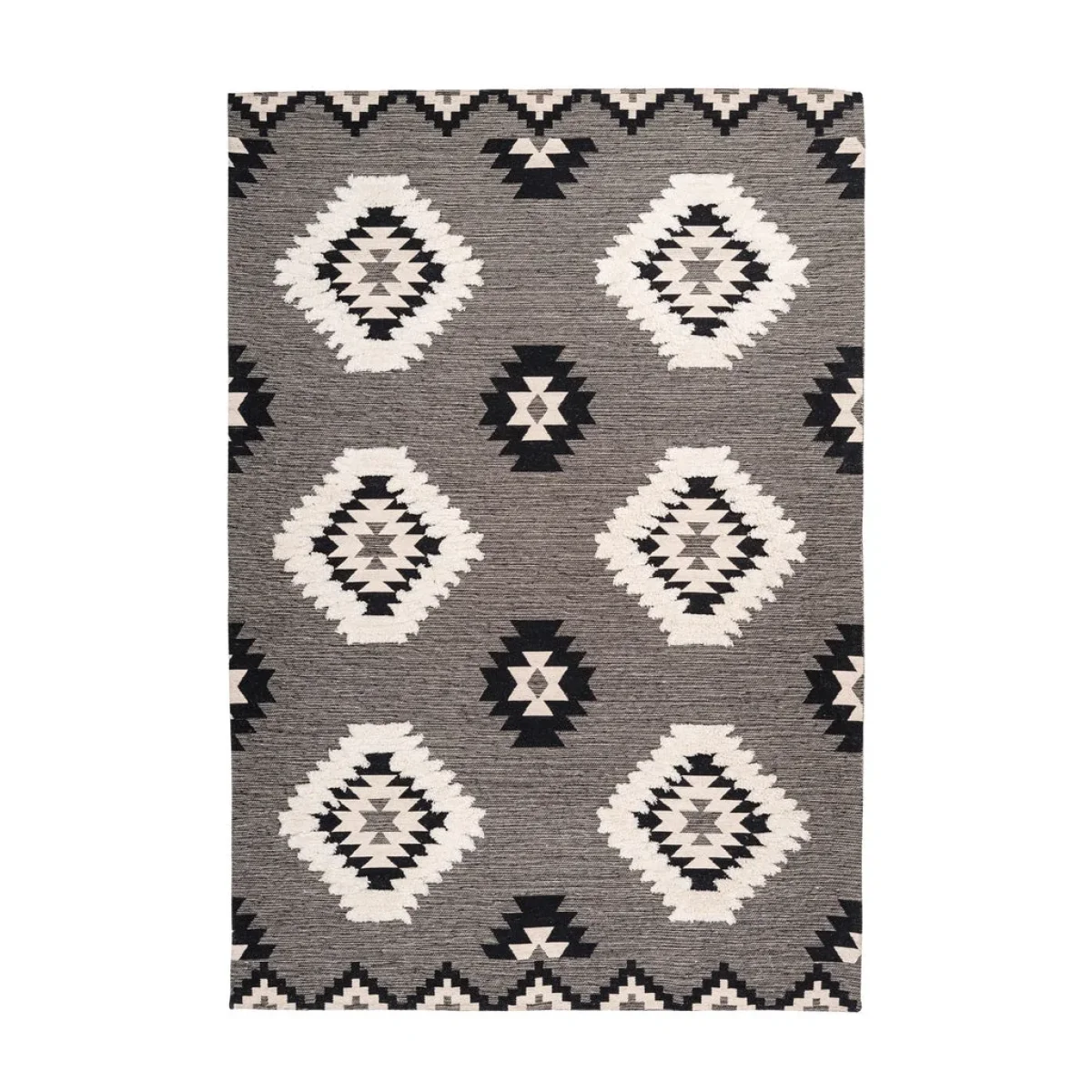 Tapis ethnique rectangulaire noir et blanc en coton avec motifs losanges 120x170 cm