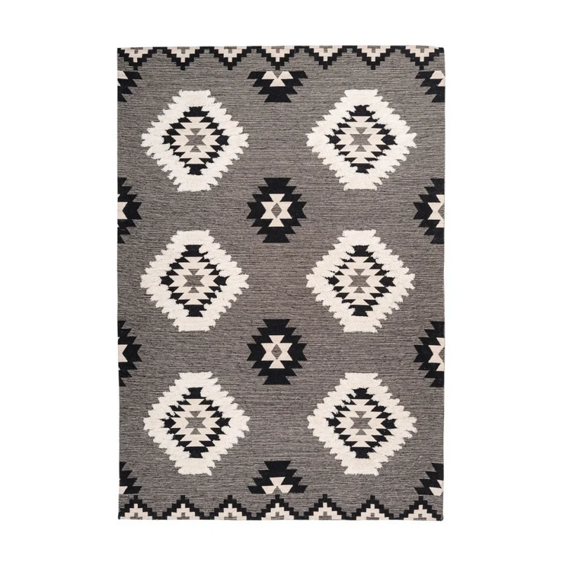 Tapis ethnique rectangulaire noir et blanc en coton motifs losanges