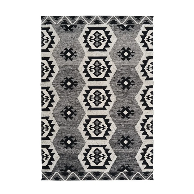 Tapis ethnique tissé motifs aztec noir et blanc en coton