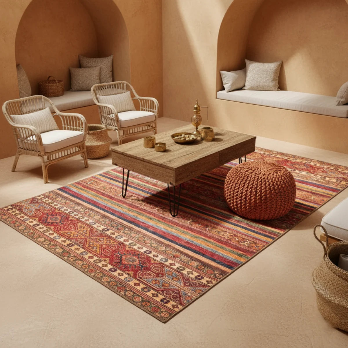 Tapis ethnique tissé multicolore avec motifs géométriques et rayures colorées rouges brique