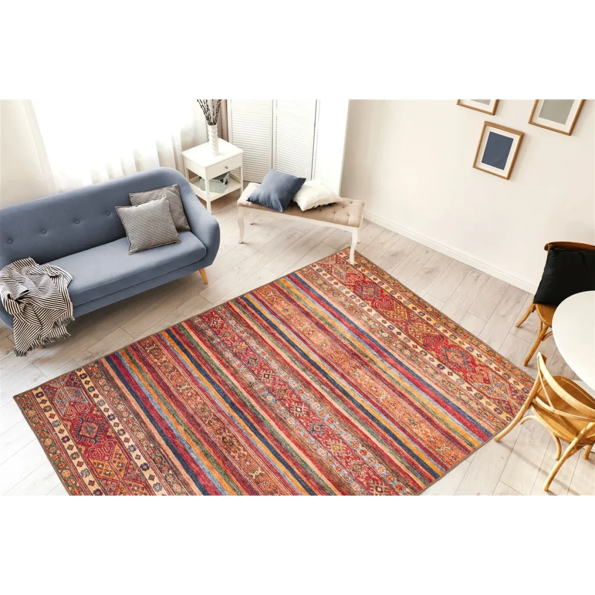 Tapis rectangulaire multicolore à rayures et bordures ornementales Faye 700 Rot 190cm x 290cm