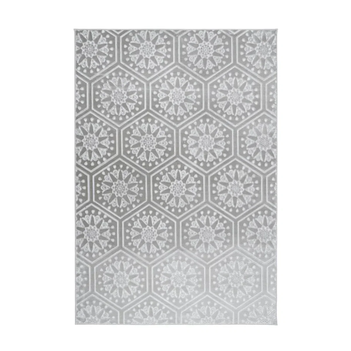 Tapis rectangulaire gris et blanc avec motifs hexagonaux et étoiles en velours