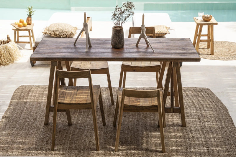 Table de salle à manger en bois avec ensemble de chaises, produit tapis en jonc de mer naturel 200x300 cm rectangulaire