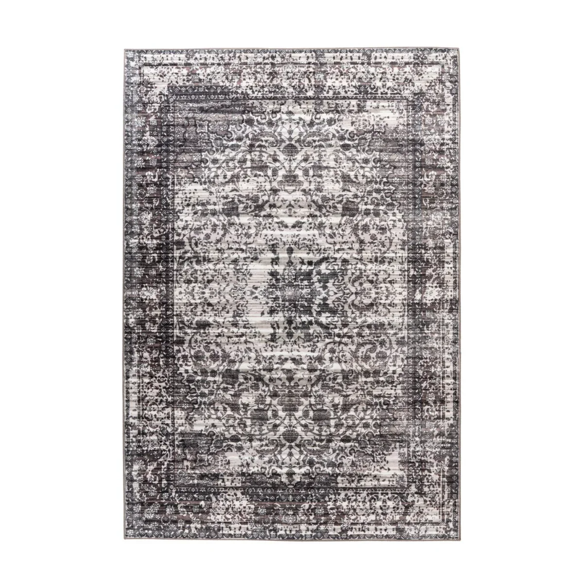 Tapis oriental vieilli gris et blanc à motifs persans, 80x150 cm, aspect distressé