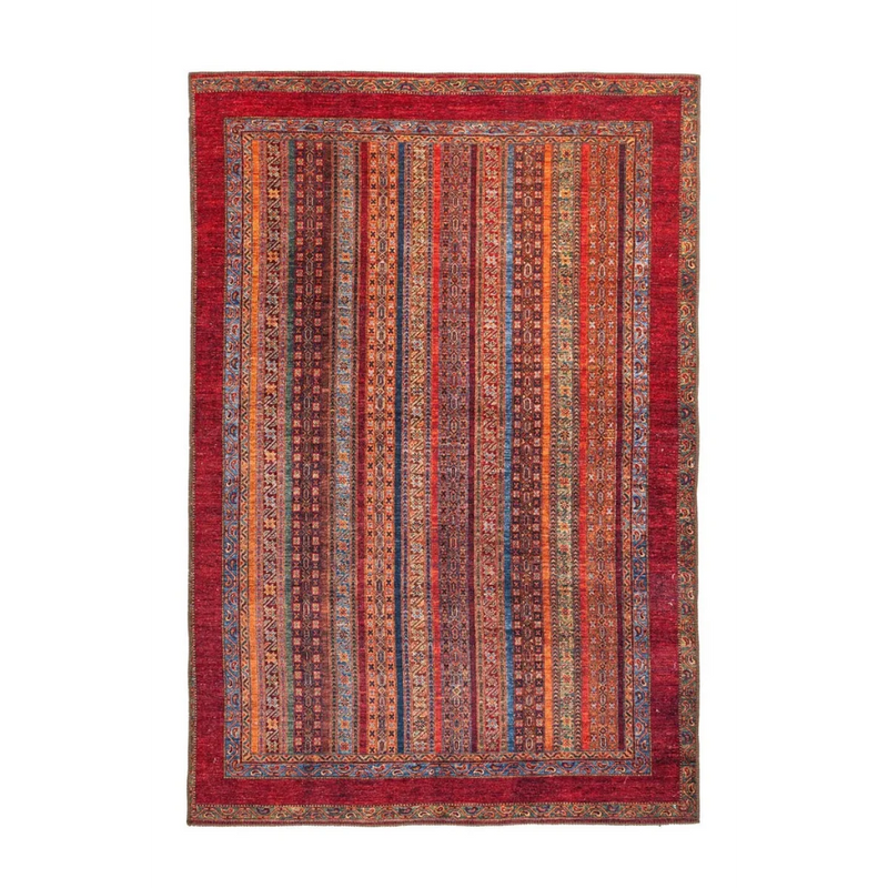 Tapis oriental à rayures rouges et multicolores en tissu plat