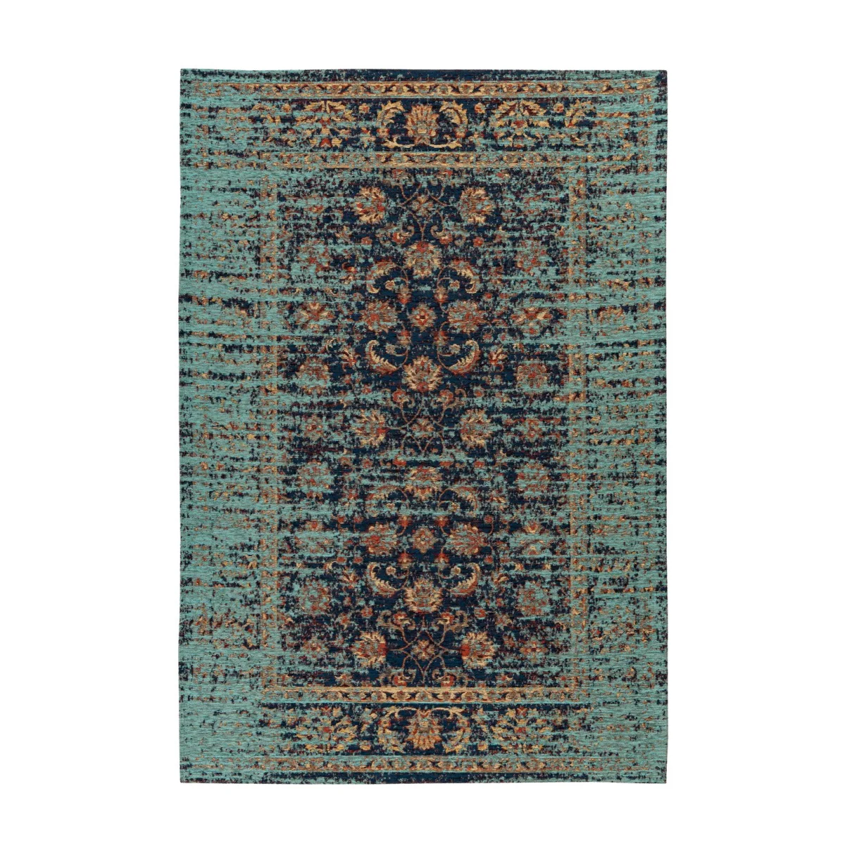 Tapis oriental rectangulaire bleu et ocre avec motif floral et médaillon vieilli