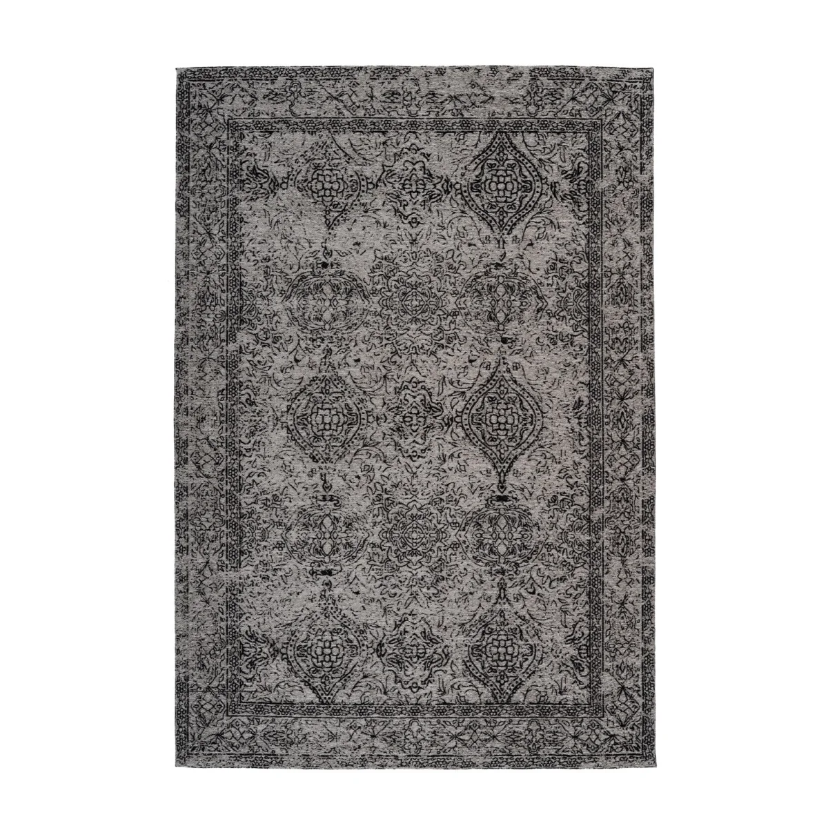 Tapis oriental rectangulaire gris anthracite effet vieilli avec motif distressed en gris clair et foncé