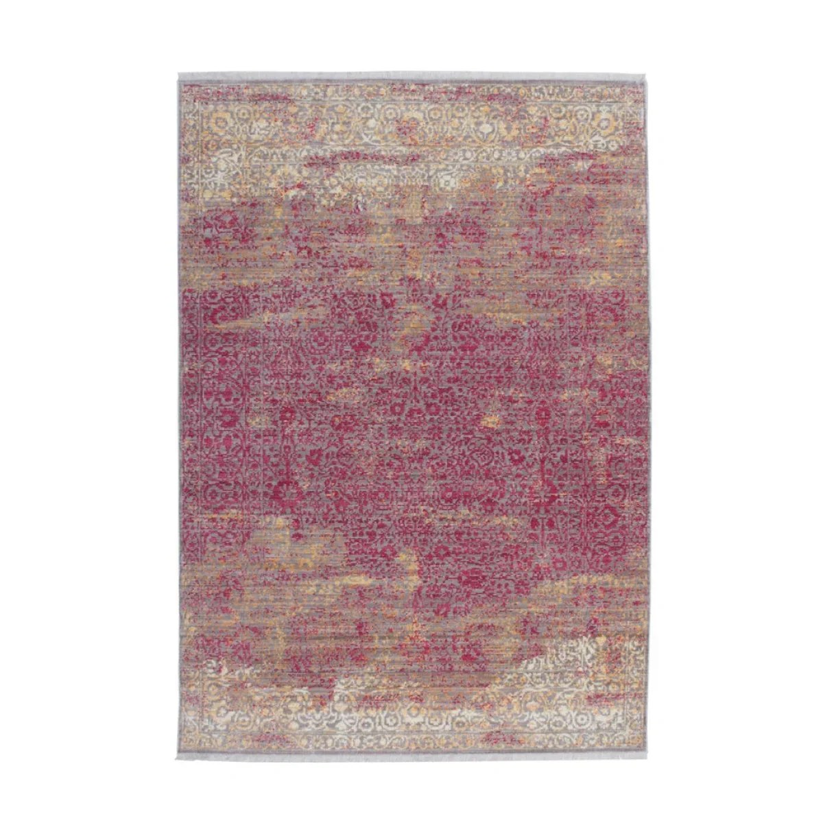 Tapis oriental rouge avec motifs vieillissants, design abstrait en fuchsia et beige