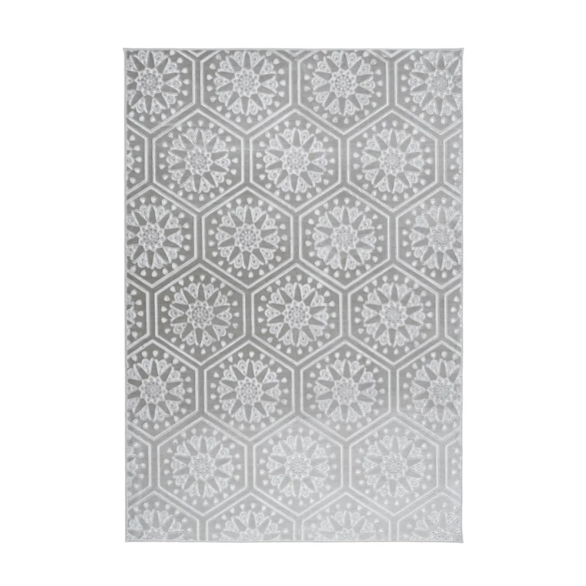 Tapis rectangulaire gris et blanc avec motifs hexagonaux et étoiles en velours