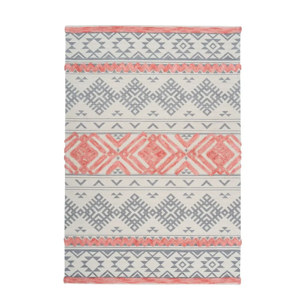 Tapis rectangulaire ethnique en coton gris, blanc et corail pink 160x230 cm