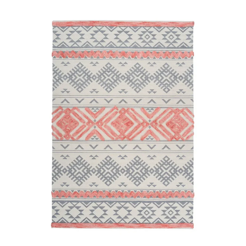 Tapis rectangulaire à motifs ethniques gris et corail en coton