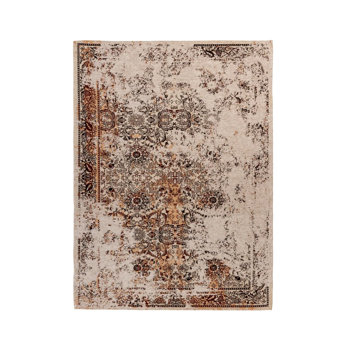 Tapis rectangulaire effet vieilli motifs orientaux beige et marron avec bord décoratif