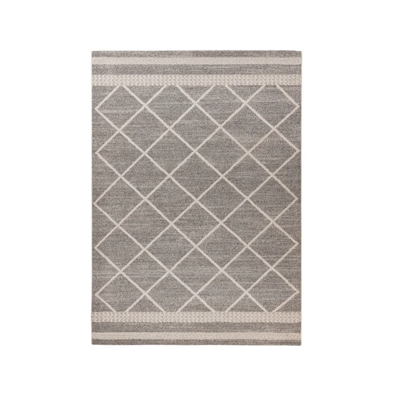 Tapis rectangulaire gris motifs losanges et bordures beiges