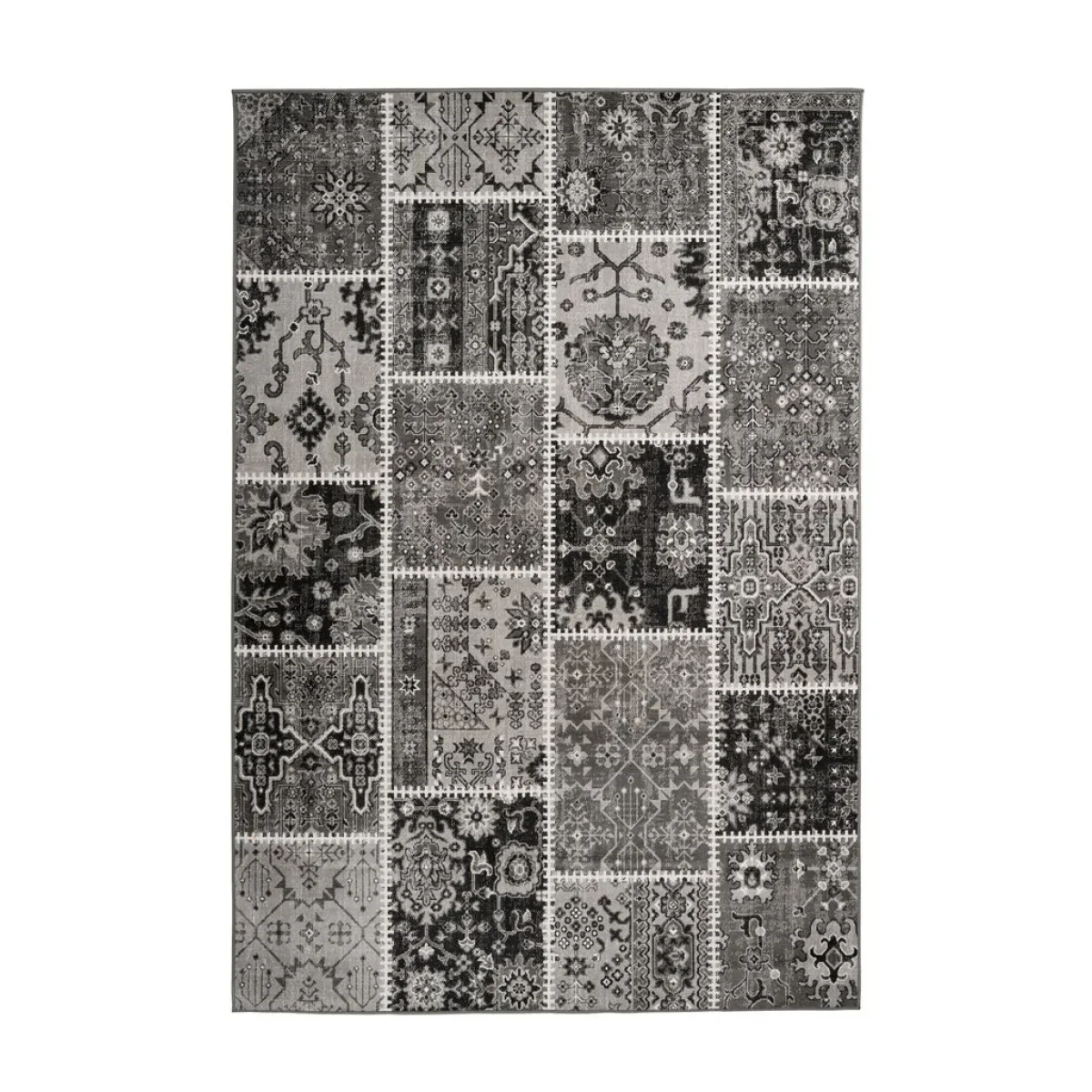 Tapis rectangulaire patchwork oriental gris et noir avec motifs traditionnels et usés
