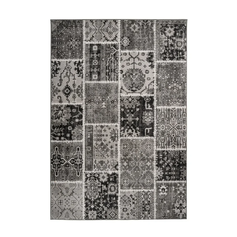 Tapis rectangulaire patchwork oriental à poils ras gris