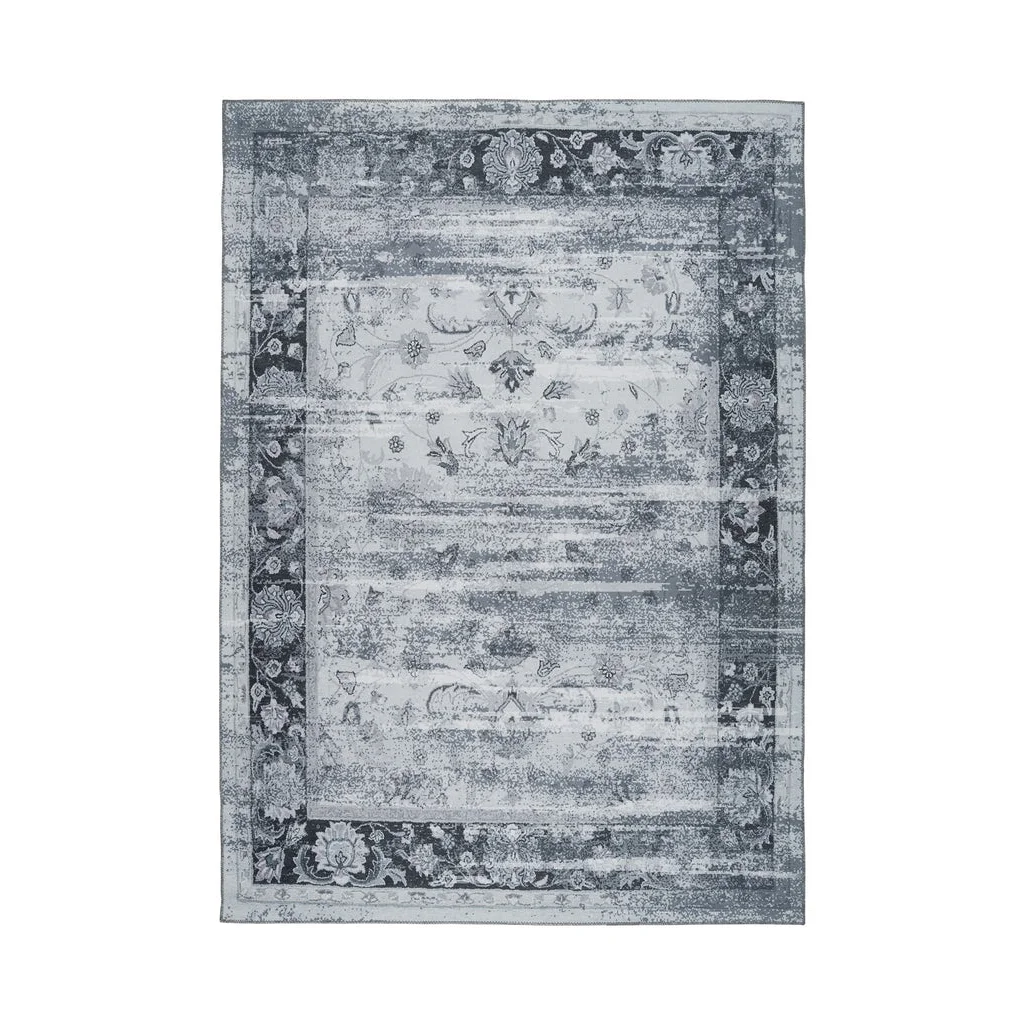 Tapis rectangulaire vintage gris et bleu avec motif floral délavé et bord décoratif