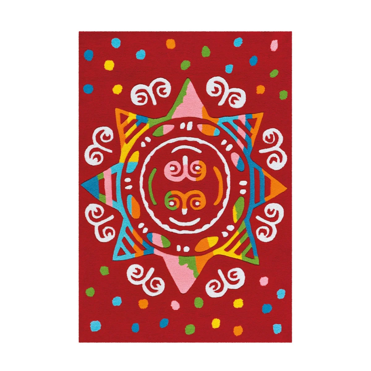 Sole stylisé coloré avec visage et points sur fond rouge pour Spirit Glowy AE 3145 Rot Mandala
