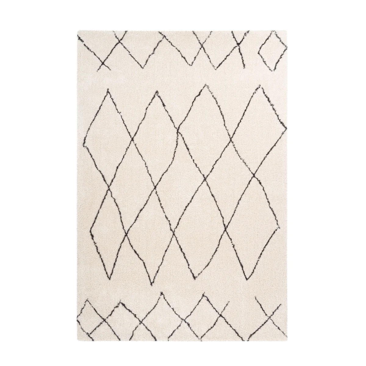 Tapis shaggy écru avec motifs losanges noirs en polyester pour salon ou chambre