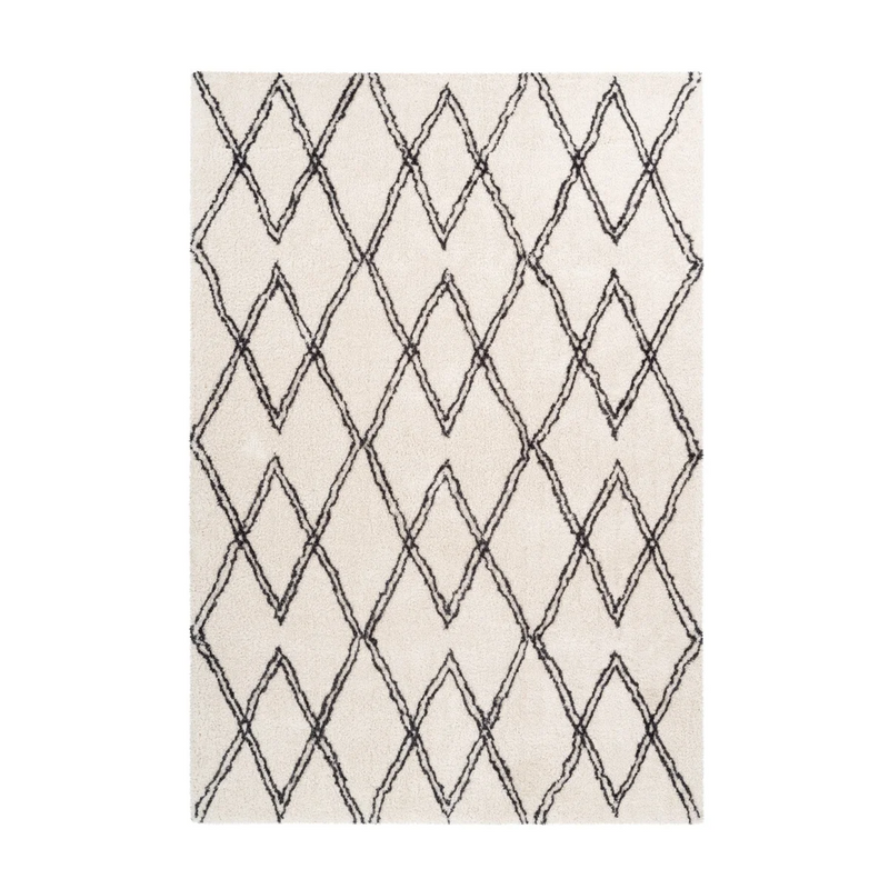 Tapis shaggy rectangulaire écru motifs losanges noirs