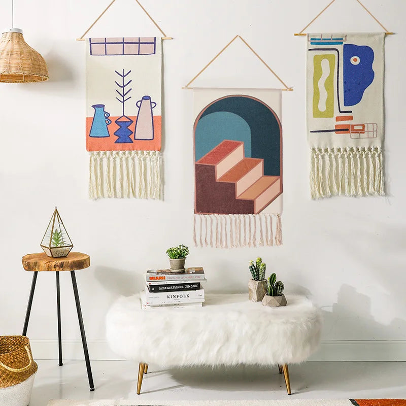 Tenture murale boho avec franges en situation