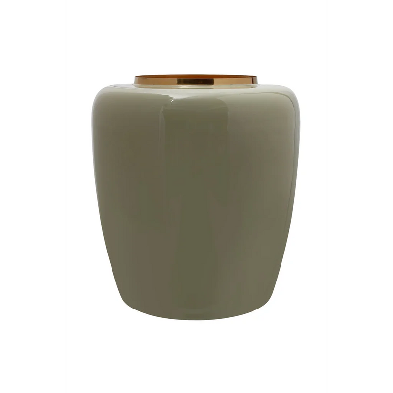 Vase décoratif en métal laqué vert olive col ambré brillant – H36,5 cm