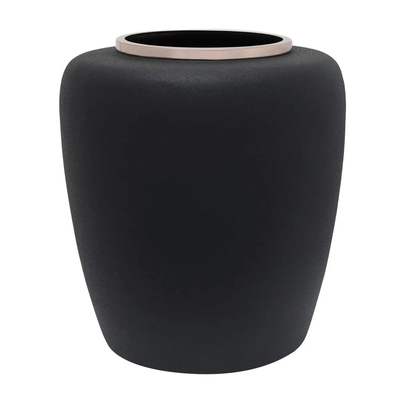 Vase décoratif en métal noir mat avec col rosé doré – H35 cm