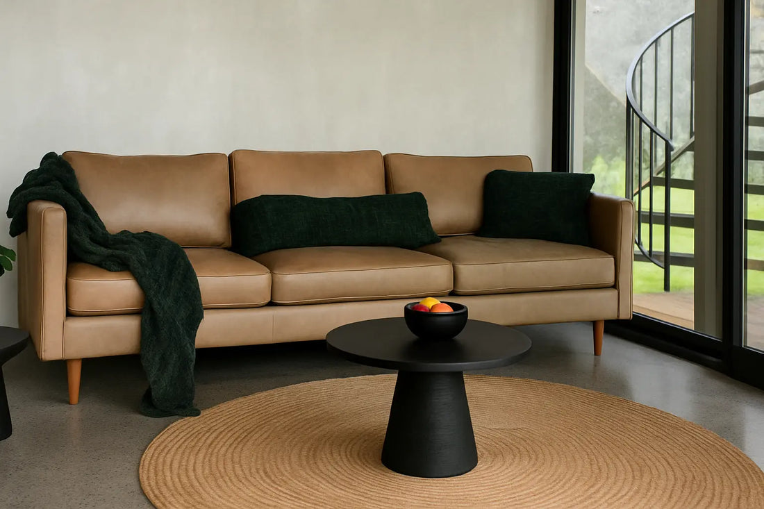 Salon décorer avec canapé couleur chocolat et coussin vert plus table basse et tapis