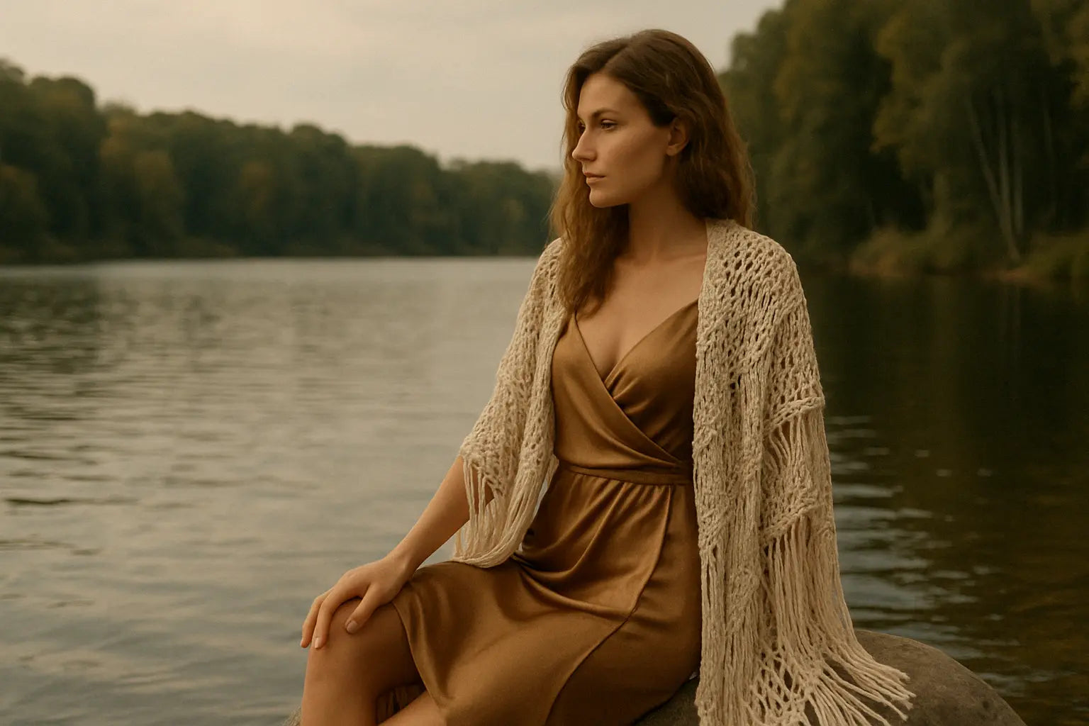 Femme habillé en robe en satin et macramé