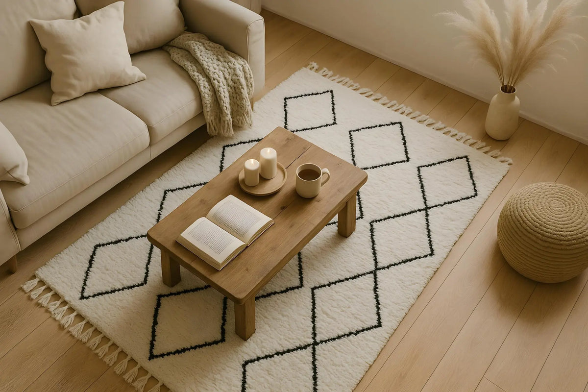 Tapis berbère noir et blanc dans un salon