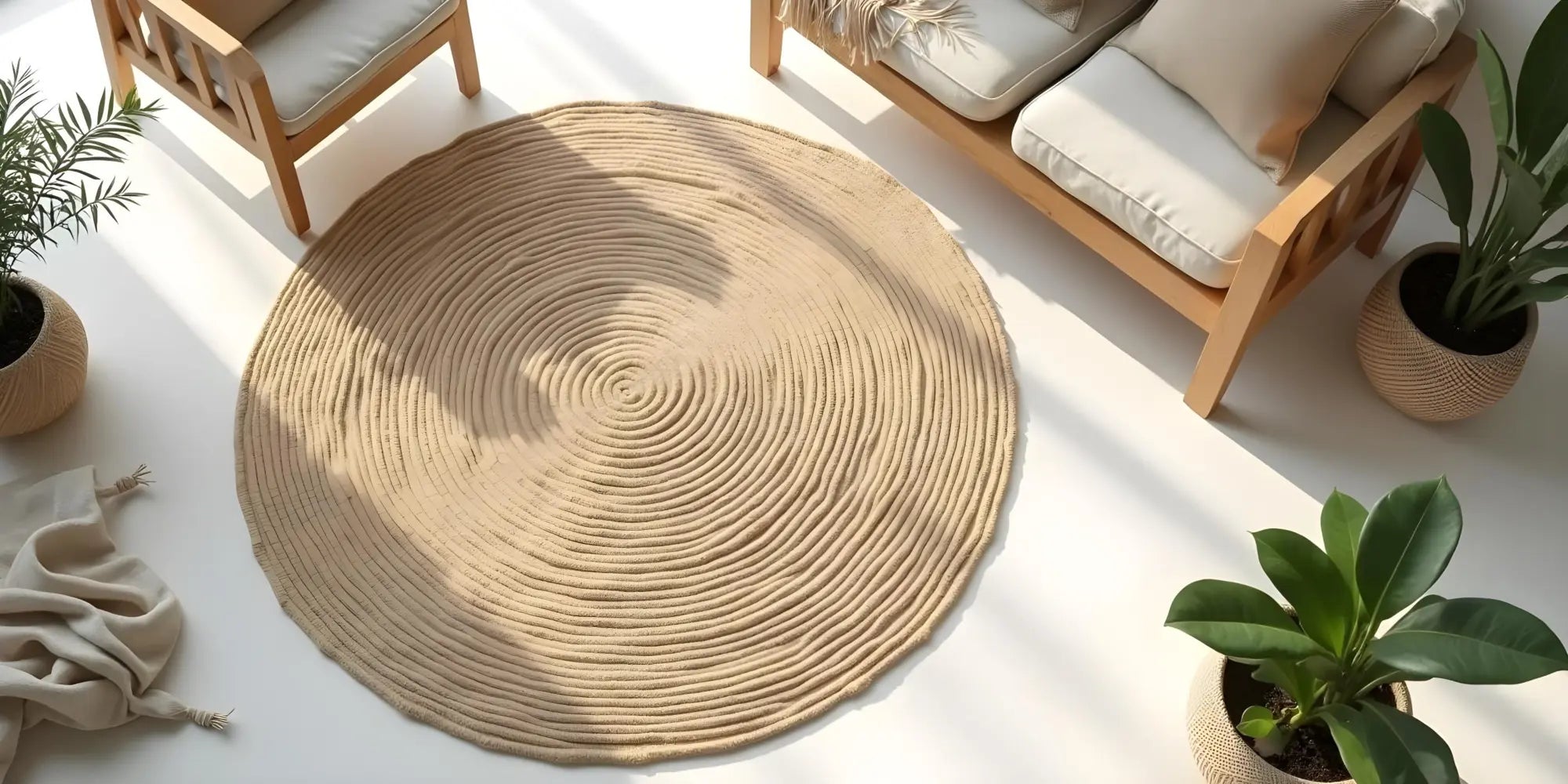 Tapis en jonc de mer rond dans un salon