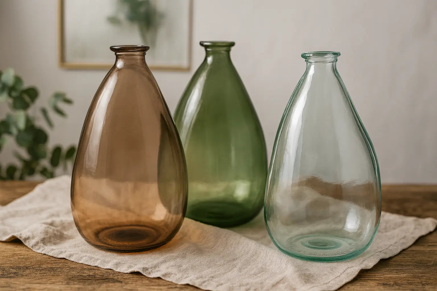 Vases en verre transparent, vert et marron