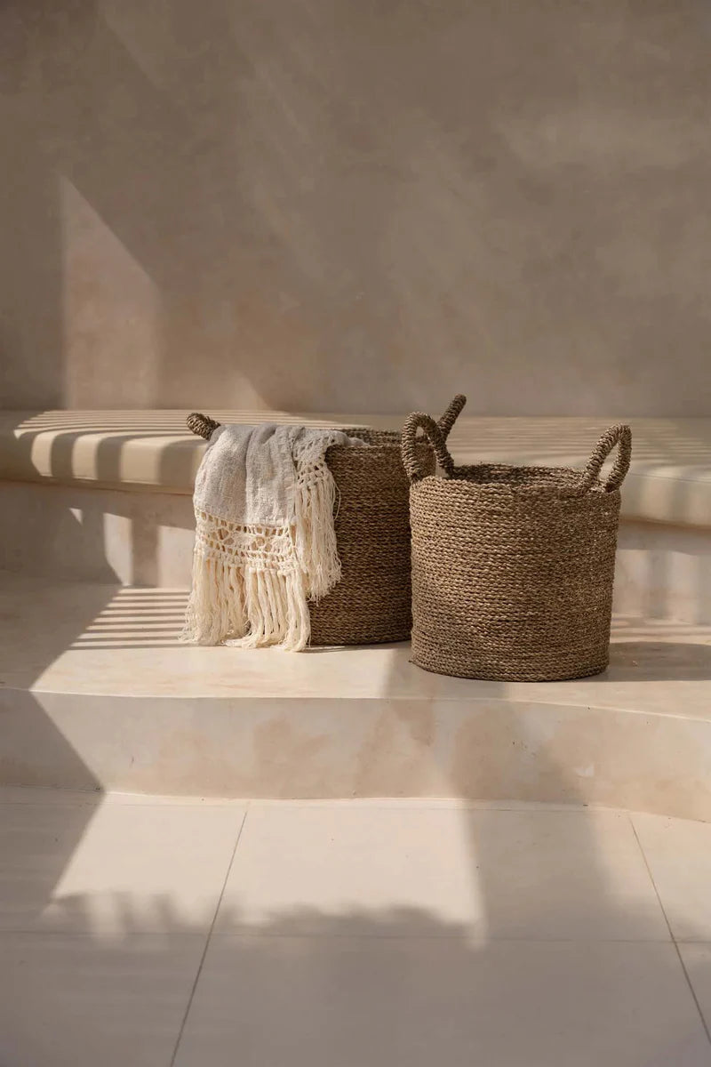 Panier de rangement rond en jonc de mer tressé naturel avec anses