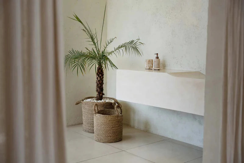 Panier de rangement rond en jonc de mer tressé naturel avec anses