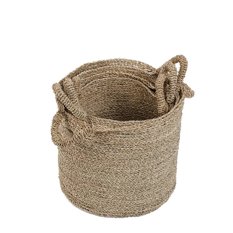Panier de rangement rond en jonc de mer tressé naturel avec anses