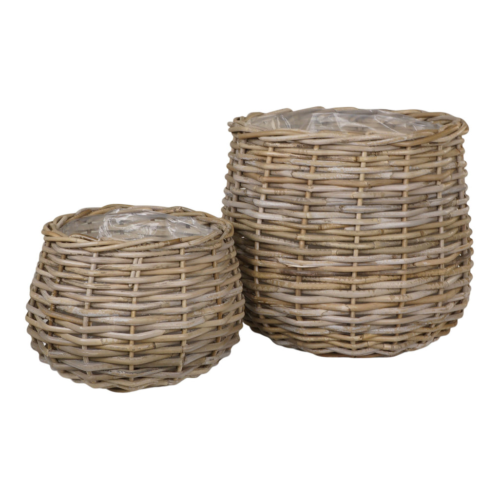 Cache-pot rond en rotin naturel avec doublure plastique – Set de 2
