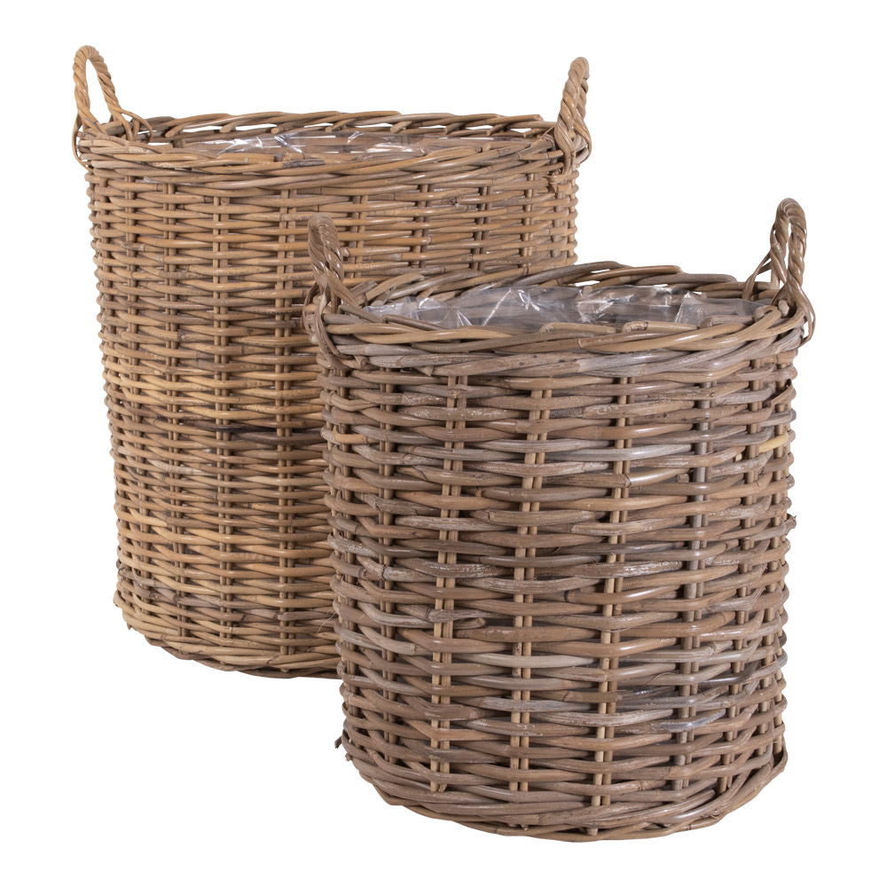 Cache-pots ronds en rotin kubu avec anses et doublure plastique – Lot de 2