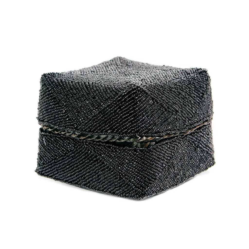 Boîte décorative perlée en bambou noir motif chevrons avec couvercle